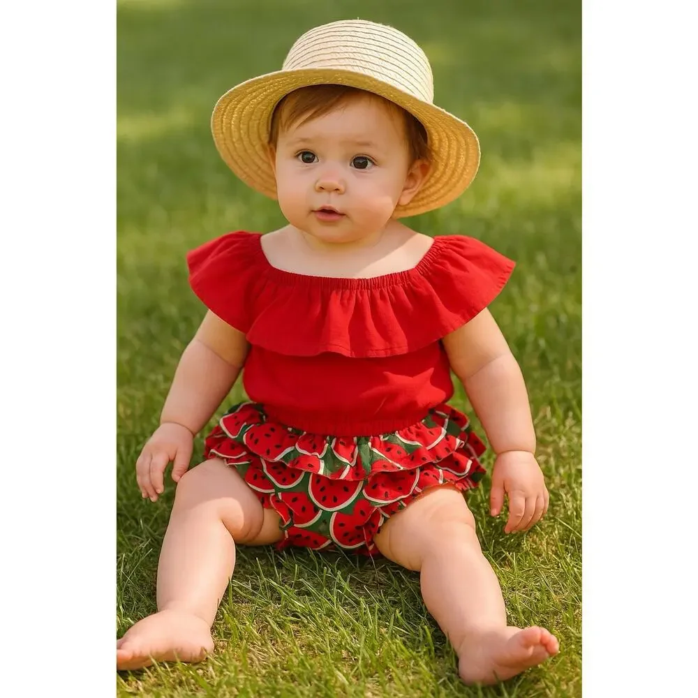 Fayimei Baby Girl Set | 12–18M (80)| Red Ruffle Top & Watermelon‎ Bloomers